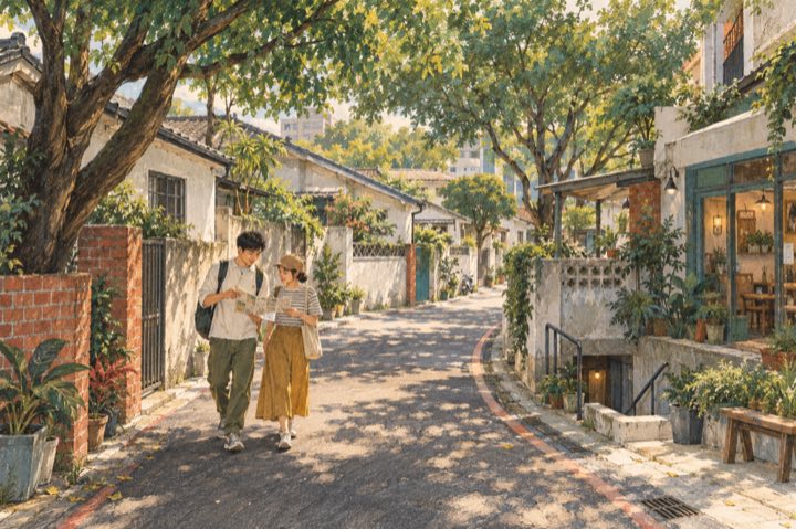 黎明新村街巷與樹蔭的散策情境插畫